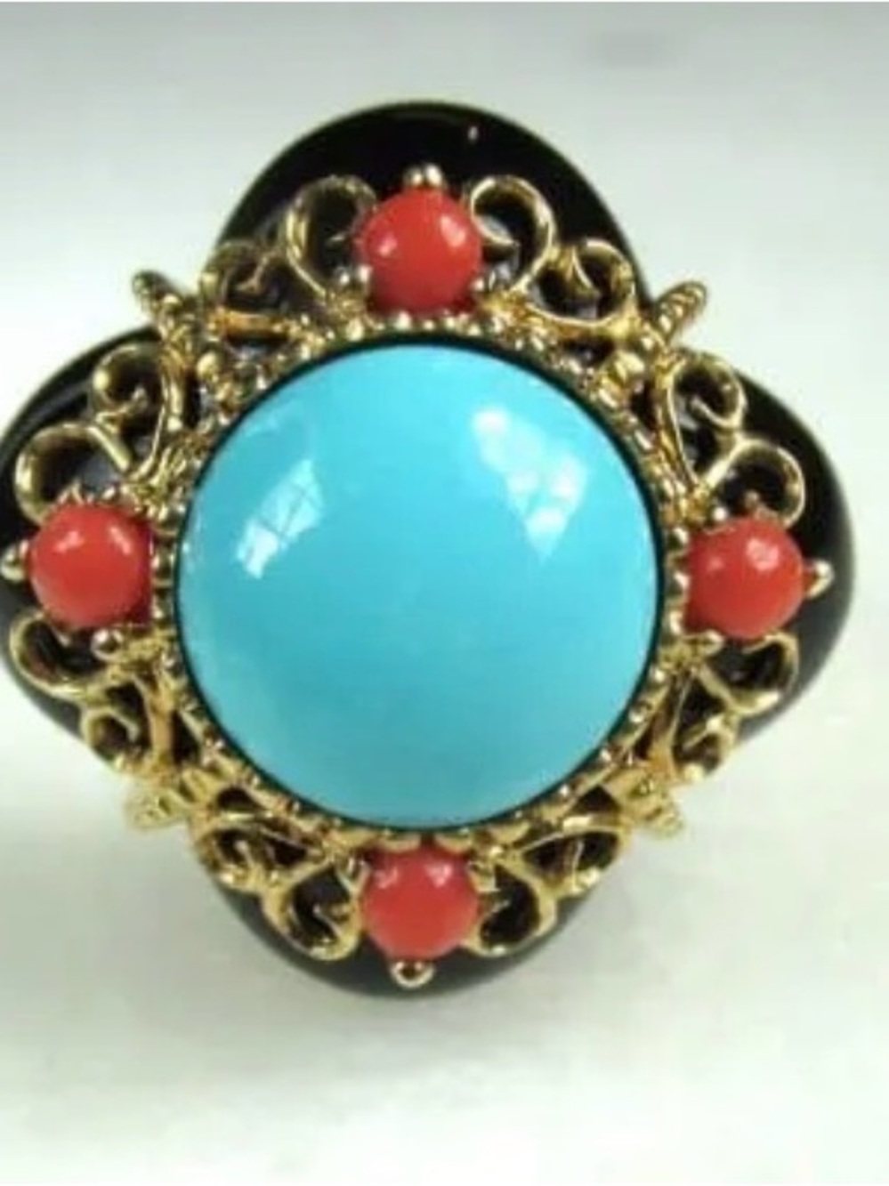 Italian Onyx Turquoise & Coral Ring Size 6.5